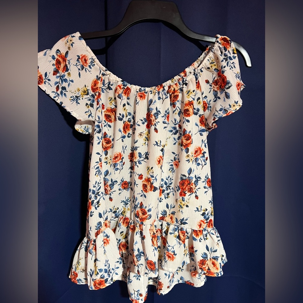 Lily White Floral Off-Shoulder Blouse - White, Orange, Blue